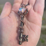 Skeleton Key with Rainbow Heart Aurora Opal Doublet Wire Wrapped Pendant