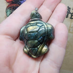 Carved Golden Labradorite Sea Turtle Pendant in Sterling Silver