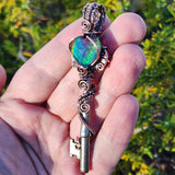 Dark Flash Aurora Opal Key Pendant - Copper Wirewrap Skeleton Key