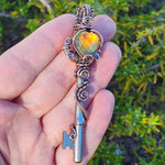 Dark Flash Aurora Opal Key Pendant - Copper Wirewrap Skeleton Key