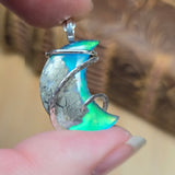 Marcasite Plume Agate Moon Pendant – Sterling Silver + Green Aurora Opal