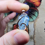 Carved Blue Aquamarine Leaf Wire Wrapped Pendant in 14kt Rose Gold Fill