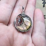 Pink Purple Gold Labradorite Crescent Moon Pendant with Rose Quartz and Hematite