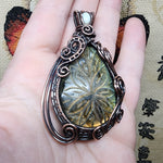 Large Carved Green Gold Orange Labradorite Flower and Austrailian Opal in Copper