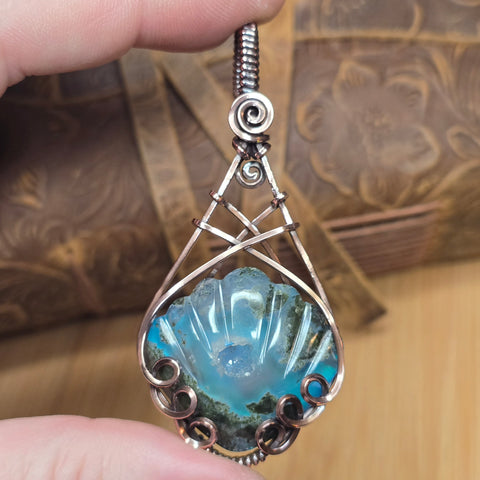 Moss Agate + Aurora Opal Triplet Shell Pendant – Carved Scallop in Antiqued Copper