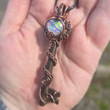 Skeleton Key with Rainbow Heart Aurora Opal Doublet Wire Wrapped Pendant