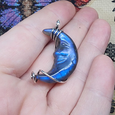 Carved Face Blue Labradorite Crescent Moon Pendant - Sterling Silver with Rose Gold Accent