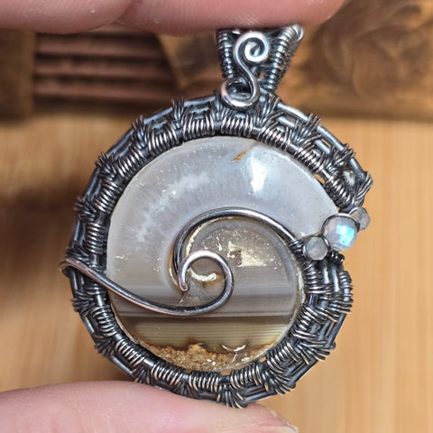 Gemshell Spiral Fossil Pendant - Agate + Quartz in Sterling