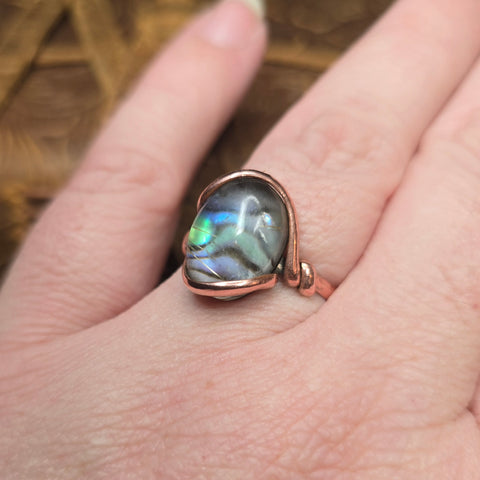 Rutile Quartz + Abalone Copper Ring sz 11 Copper - Natural Flash
