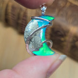 Marcasite Plume Agate Moon Pendant – Sterling Silver + Green Aurora Opal