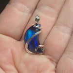 Crescent Aurora Opal Moon Pendant in Sterling Silver - Deep Blue Flash