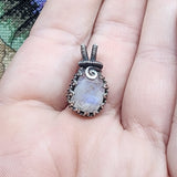 Dainty Rose Cut Rainbow Moonstone Antiqued Sterling Silver Pendant