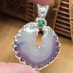 Purple Banded Agate Geode Pendant – Sterling Silver with Emerald Accent - Rock Your World 