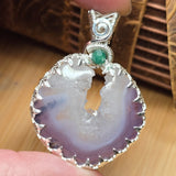 Purple Banded Agate Geode Pendant – Sterling Silver with Emerald Accent - Rock Your World 