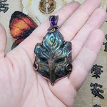 Rainbow Labradorite Masquerade Ball Mask and Amethyst Pendant Necklace in Copper