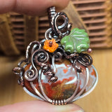Moroccan Seam Agate Pumpkin Pendant - Copper Wire Wrap Setting