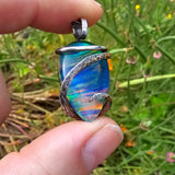 Large Rainbow Aurora Opal Pendant In Hammered Sterling Silver