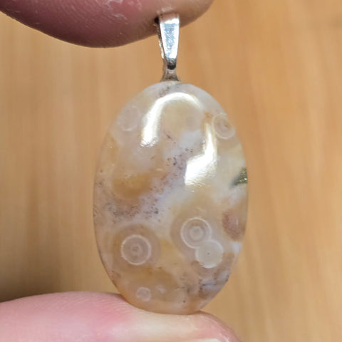 Petite Tube Agate Pendant – Soft Honey Orbs + Misty Light Silver Tone