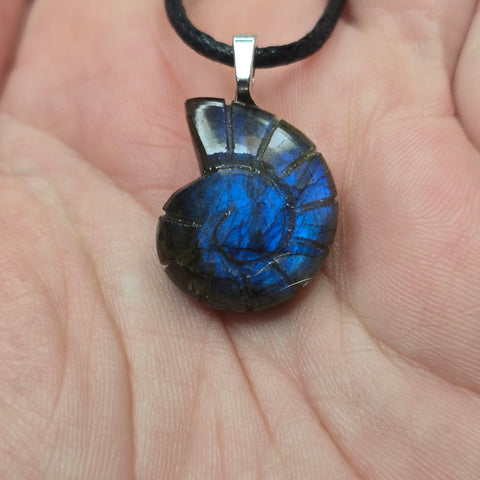 Blue Flash Carved Labradorite Ammonite Pendant – Ancient Carved Symbol