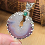 Purple Banded Agate Geode Pendant – Sterling Silver with Emerald Accent - Rock Your World 