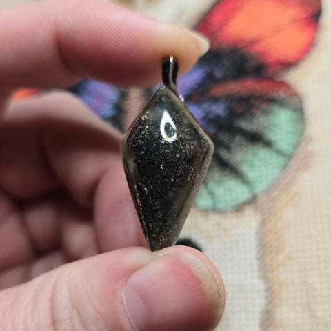 Indonesian Marcasite Plume Agate Pendant – Hand-Cut Double Point