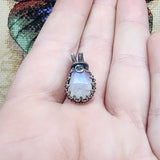 Dainty Rose Cut Rainbow Moonstone Antiqued Sterling Silver Pendant