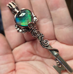 Dark Flash Aurora Opal Key Pendant - Copper Wirewrap Skeleton Key