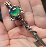 Dark Flash Aurora Opal Key Pendant - Copper Wirewrap Skeleton Key