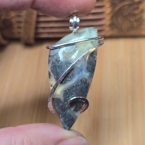 Marcasite Plume Agate Pendant in Sterling – Forged Embrace Setting