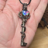 Skeleton Key with Rose Cut Heart Aurora Opal Doublet Wire Wrapped Pendant