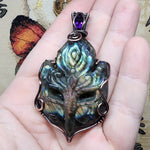 Rainbow Labradorite Masquerade Ball Mask and Amethyst Pendant Necklace in Copper