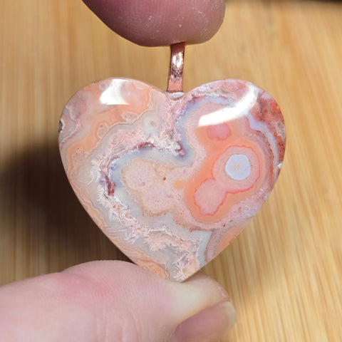 Crazy Lace Agate Heart Pendant - Pink Peach Swirls Rose Gold Tone
