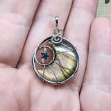 Pink Purple Gold Labradorite Crescent Moon Pendant with Rose Quartz and Hematite