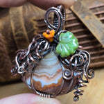 Crazy Lace Agate Pumpkin Pendant – Copper Vine + Czech Glass Leaf