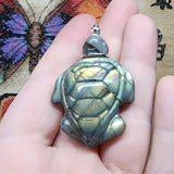 Carved Blue Green Gold Labradorite Sea Turtle Pendant in Sterling Silver