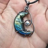 Carved Face Rainbow Labradorite Crescent Moon with Hematite Star Pendant in Sterling Silver