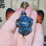 Carved Bright Blue Labradorite Sea Turtle Pendant in Sterling Silver