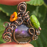 Purple Labradorite Wire Wrapped Pumpkin Pendant - Antiqued Copper Czech Glass