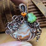 Crazy Lace Agate Pumpkin Pendant – Copper Vine + Czech Glass Leaf