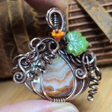 Crazy Lace Agate Pumpkin Pendant – Copper Vine + Czech Glass Leaf