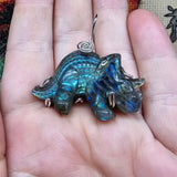 Carved Green Blue Labradorite Dinosaur Triceratops Pendant in Sterling Silver