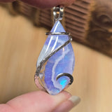 White Plume Agate Pendant – Sterling Silver + Rainbow Aurora Opal - Rock Your World 