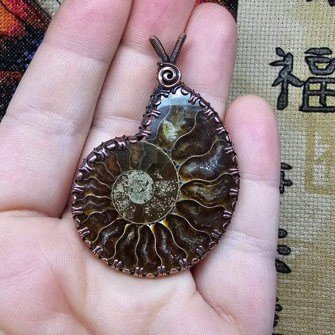 Large Fossil Ammonite Pendant in Copper