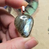 Labradorite Shield Pendant – Blue Fire & Rose Gold Flash