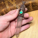 Aurora Opal Copper Wand Wire Wrap Pendant – Large 5" Quartz Crystal for Ritual, Healing or Display