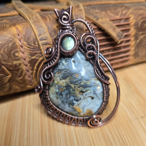 Widowmaker Plume Agate Pendant with Labradorite Accent - Antiqued Copper Wirewrap