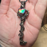 Skeleton Key with Rose Cut Heart Aurora Opal Doublet Wire Wrapped Pendant