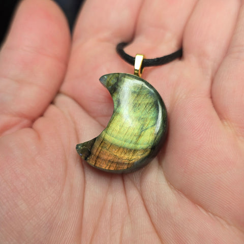Orange Green Flash Labradorite Crescent Pendant – Moon Phase Necklace