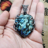 Carved Ocean Blue Labradorite Lion Pendant in Sterling Silver