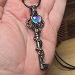 Skeleton Key with Rose Cut Heart Aurora Opal Doublet Wire Wrapped Pendant